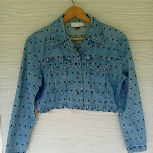 Women's Vintage Denim Long Sleeve Button Front Cropped Embroirded Star Pattern